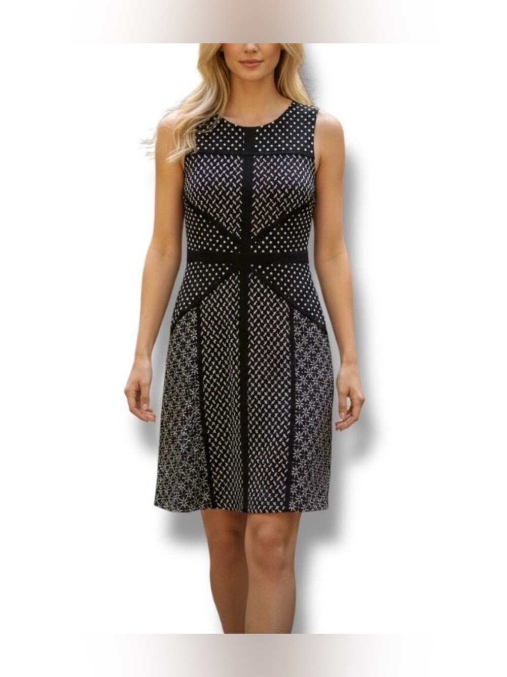 Just...Taylor Black & White Sleeveless Patterned Fit-and-Flare Dress 8